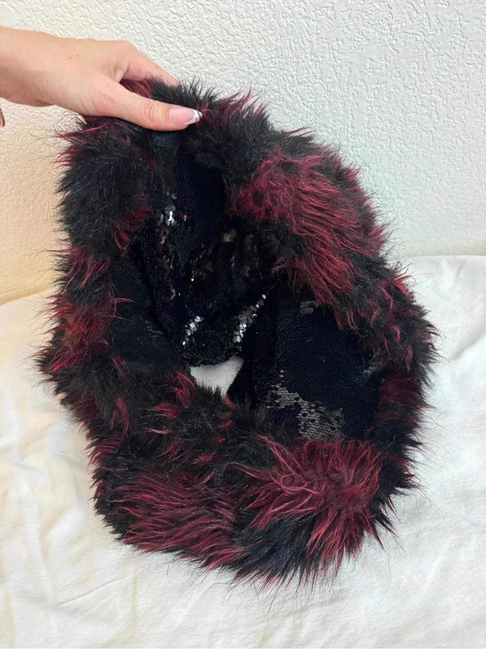 Faux Fur Reversible Hooded Scarf - Black Sequin and Burgundy
